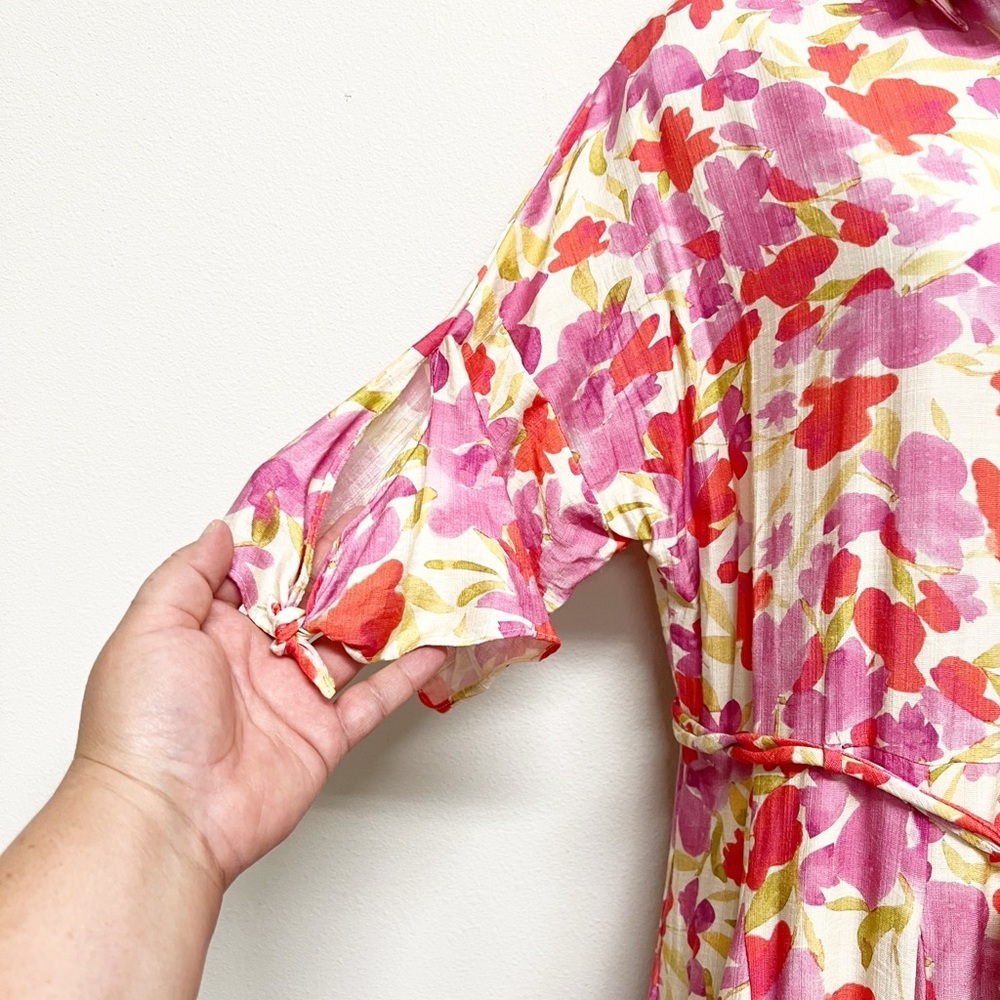 Taylor Womens Floral Pink Tie Up Elbow Sleeve Fit & Flare Belted Dress Size 6 - Picture 6 of 10